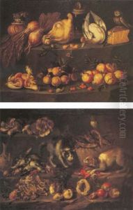 Funghi, Turnips, Pomegranates And An Owl Perched On A Basket Of Fish With Crayfish And A Wine Bottle On A Ledge, A Cat And Dog Fighting by Bartolomeo Arbotori