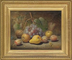 Grapes, Apples, Plums, Pear And A Thistle On A Mossy Bank