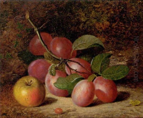 Plums And An Apple On A Mossy Bank - view 1