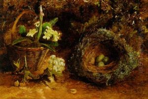 A Basket Of Primulas, Eggs In A Nest And A Sprig Of Apple Blossom On A Mossy Bank by Charles Archer