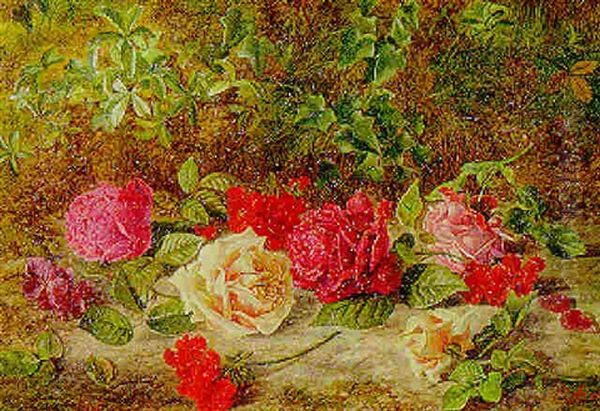 Geraniums And Roses On A Mossy Bank - view 1