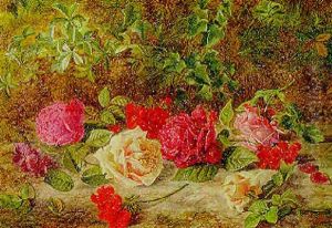 Geraniums And Roses On A Mossy Bank