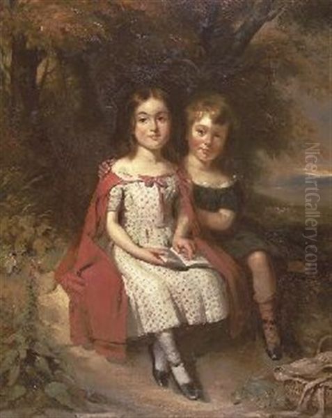 A Double Portrait Of Brother And Sister Reading A Book Seated Beneath A Tree - view 1