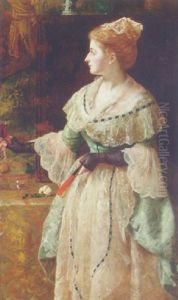 Portrait Of A Lady In A Blue Lace-trimmed Dress, Holding A Fan And A Glass Of Wine, In An Interior Portrait Of A Lady In A Blue Lace-trimmed Dress, Holding A Fan And A Glass Of Wine, In An Interior