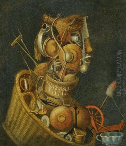 An Anthropomorphic Still Life With Pots, Pans, Cutlery, A Loom, And Tools - view 1