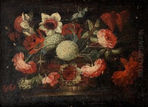 A Still Life Of Roses, Poppies, Chrysanthemums And Other Flowers In A Basket On A Stone Ledge; And A Still Life Of Roses, A Tulip, A Carnation And Other Flowers In A Basket On A Stone Ledge by Jose De Arellano