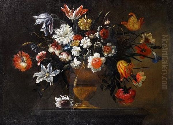 Tulips, Chrysanthemums, Convolvulus, And Other Flowers In A Bronze Urn On A Stone Plinth - view 1