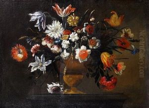 Tulips, Chrysanthemums, Convolvulus, And Other Flowers In A Bronze Urn On A Stone Plinth