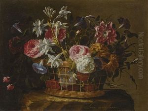 Still Life Of Roses, Lilies, Morning Glories And Other Flowers In A Basket On A Stone Pedestal