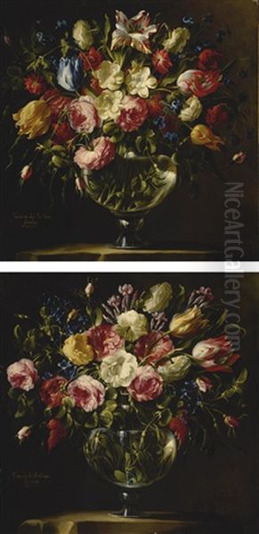 A Pair Of Still Lifes Of Roses, Variegated Tulips, Peonies And Other Flowers In Crystal Vases, On Stone Plinths - view 1