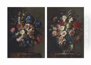 Rose, Irises, Morning Glory And Other Flowers In A Porcelain Vase; And Parrot Tulips, Roses, Lilies, Lilacs And Other Flowers In A Glass Vase (pair) by Juan De Arellano