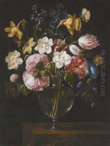 A Still Life Of Narcissi, Daffodils, Tulips, Hollyhocks, Hyacinths And Other Flowers In A Glass Vase On A Stone Ledge, With Butterflies A Still Life Of Narcissi, Daffodils, Tulips, Hollyhocks, Hyacinths And Other Flowers In A Glass Vase On A Stone Ledge, With Butterflies