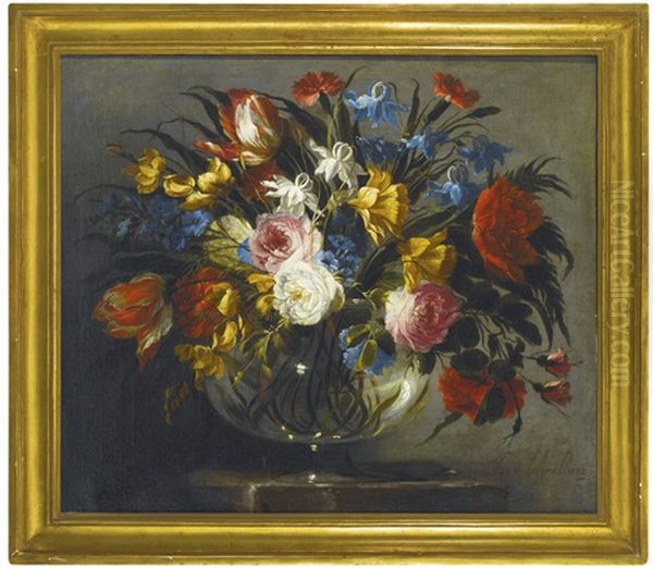 Still Life With White Zinnia, Lavender, Pink And Red Peonies, Gladiolus, Tulips And Rosebuds In A Glass Vase And Still Life With Roses, Tiger Tulips, White And Blue Aquilegia, Peonies, And Delphiniums In A Glass Vase (pair) - view 1