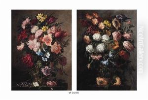 Tulips, Bluebells, Daffodils And Other Flowers In A Basket On A Stone Ledge And Chrysanthemums, Tulips, Roses And Other Flowers In A Basket (pair) by Juan De Arellano