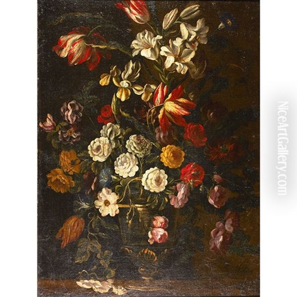 Still Life Of Flowers With Morning Glories, Parrot Tulips, Roses, Vines And Other Blooms - view 1