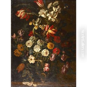 Still Life Of Flowers With Morning Glories, Parrot Tulips, Roses, Vines And Other Blooms by Juan De Arellano