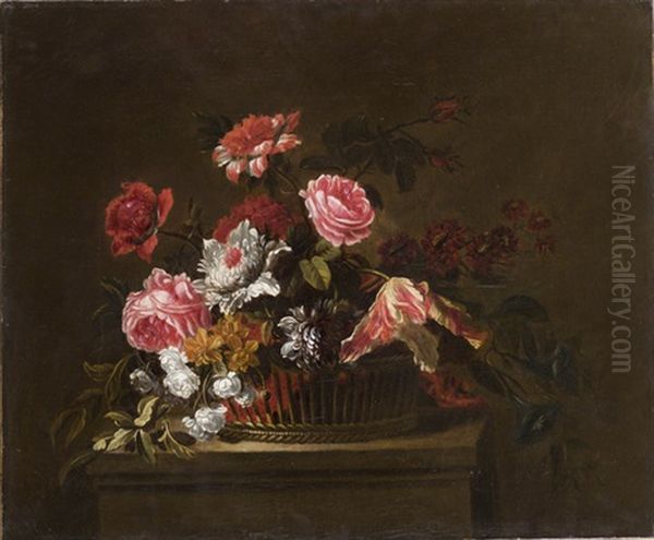 Rose, Garofani, Peonie E Tulipani In Un Cesto Di Vimini - view 1