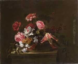 Rose, Garofani, Peonie E Tulipani In Un Cesto Di Vimini by Juan De Arellano