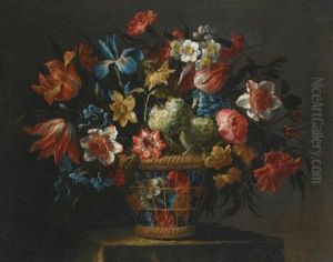 Still Life With Flowers, Including Anemones, Snowballs And Yellow Narcissi, In A Wicker Basket Set Upon A Stone Pedestal by Juan De Arellano