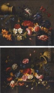 Lilies, Roses, Peonies, Pinks, Iris, A Tulip And Other Flowers On A Stone Ledge, An Earthenware Vessel Upper Left (+ A Tulip, Roses, Dahlias, Peonies, Campanula, Orange Blossom And Other Flowers On Some Steps, An Earthenware Pitcher Upper Right; Pair)