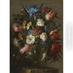 Still Life Of Tulips, Roses, Peonies, Iris And Other Flowers In A Glass Vase, Resting On A Table