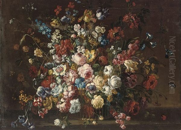 Tulips, Roses And Other Flowers In A Wicker Basket (+ Tulips And Other Flowers In A Wicker Basket; Pair) - view 1