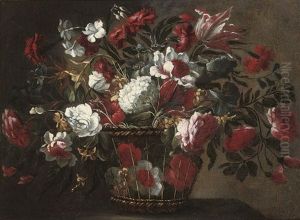 Tulips, Roses, Hydrangas And Other Flowers In A Wicker Basket On A Ledge by Juan De Arellano