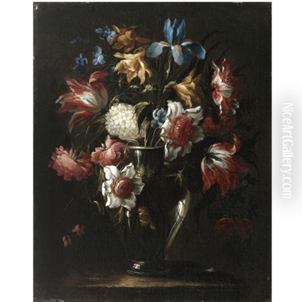 Still Life With Flowers In A Glass Vase, Including Blue Irises And Parrot Tulips, Arranged On A Stone Ledge - view 1