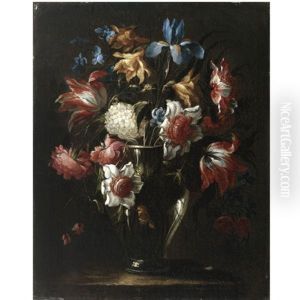 Still Life With Flowers In A Glass Vase, Including Blue Irises And Parrot Tulips, Arranged On A Stone Ledge by Juan De Arellano