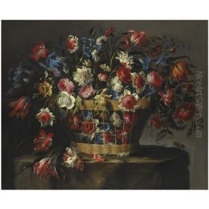A Still Life With Carnations, Parrot Tulips, Roses, Iris, Daffodils, Morning Glory And Lillies Of The Valley, All In A Basket Over A Stone Ledge With Grasshoppers And A Butterfly