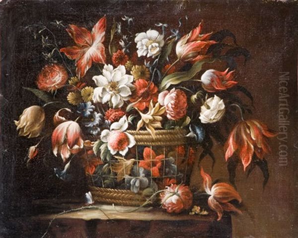 Rose, Anemoni, Tulipani E Altri Fiori In Un Cesto Di Vimini - view 1