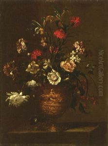 Blumenstrauss Mit Roten Nelken In Einer Reliefierten Tonvase