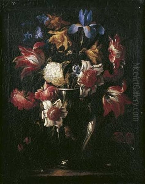 Nature Morte Au Bouquet De Tulipes, Jonquilles Et Pivoines Dans Un Vase En Verre Sur Un Entablement - view 1