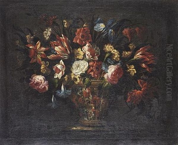 Tulips, Roses, An Iris, Morning Glory And Other Flowers In A Wicker Basket On A Ledge - view 1
