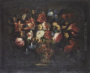 Tulips, Roses, An Iris, Morning Glory And Other Flowers In A Wicker Basket On A Ledge