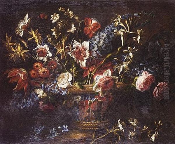 Tulips, Narcissi, Roses, Bluebells And Other Flowers In A Wicker Basket On A Ledge - view 1