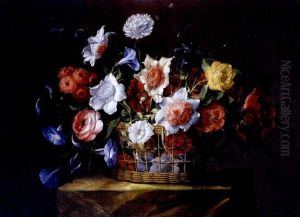 Cesto De Flores Sobre Un Pedestal De Piedra by Juan De Arellano