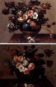 Still Life With Roses, Tulips And Various Other Flowers In An Urn On A Marble Ledge (+ Still Life With Roses, Tulips And Various Other Flowers In A Basket On A Marble Ledge; Pair) by Juan De Arellano