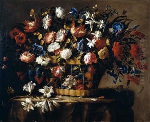 Still Life Of Roses, Irises, Morning Glory, Hyacinths, Chrysanthemums And Carnations In A Wicker Basket, Set Upon A Stone Ledge, With A Stem Of Lilies, Butteflies, Dragonflies And A Snail