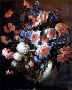 Blumenstraus In Einer Glasvase Auf Einer Steinplinthe by Juan De Arellano