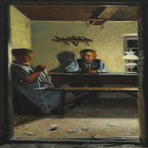 Interior With Knitting Woman And Smoking Man by Georg Nicolaj Achen