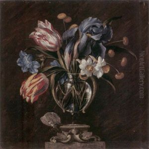 Tulips, Daffodils, Irises, And Other Flowers In A Glass Vase On A Sculpted Stand, With A Butterfly Tulips, Daffodils, Irises, And Other Flowers In A Glass Vase On A Sculpted Stand, With A Butterfly