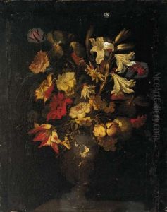 Lilies, Tulips, Roses, Carnations, Irises And Other Flowers In A Glass Vase On A Stone Plinth