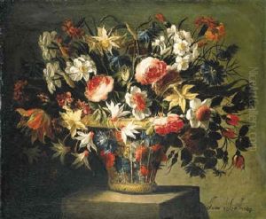 Roses, Carnations, Narcissi And Other Flowers In A Basket On A Stone Plinth