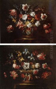 Still Life Of Chrysanthemums, Variegated Tulips, Narcissi, Hyacinths, Roses, Irises And Stocks, Arranged In A Wicker Basket, Upon A Stone Ledge by Juan De Arellano