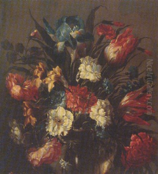 Still Life Of Tulips, Roses, An Iris And Other Flowers, In A Glass Vase - view 1