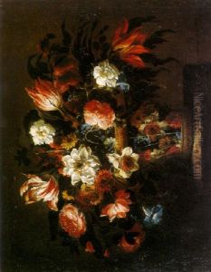 Still Life Of Roses, Tulips And Other Flowers In A Basket by Juan De Arellano