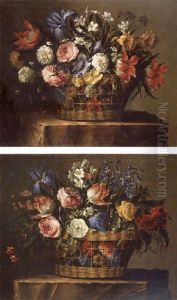Still Life Of Roses, Peonies, Variegated Tulips, Hyacinths, Blue Irises, Anemones, Narcissi, And Other Flowers In Basket by Juan De Arellano
