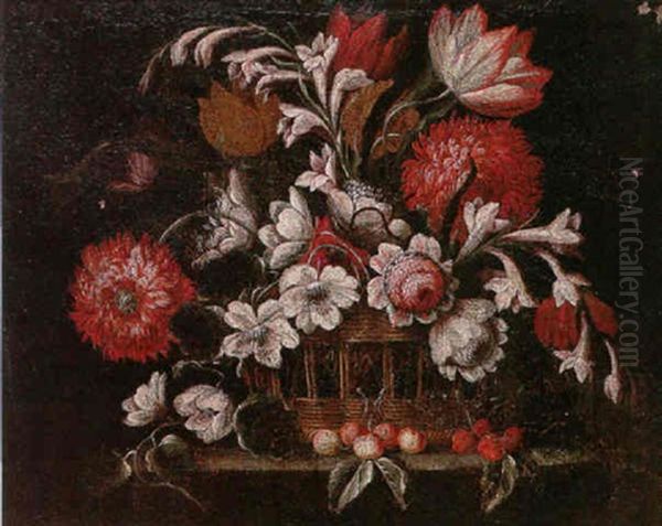 A Still Life Of Various Flowers In A Wicker Basket, And Cherries, Upon A Stone Ledge - view 1