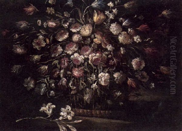Still Life Of Flowers In A Basket On A Table - view 1